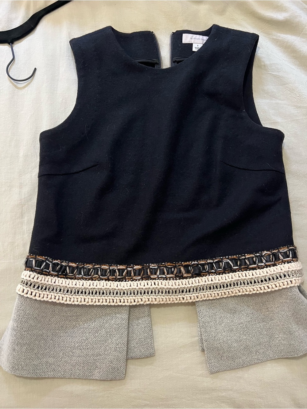 Mignon Doo S Black Wool Sleeveless Top w/ Crochet Trim Detail